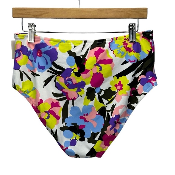 Bar III Side Ruched Floral Print Bikini Bottom - Pink Yellow Blue Black - Large - Picture 2 of 5